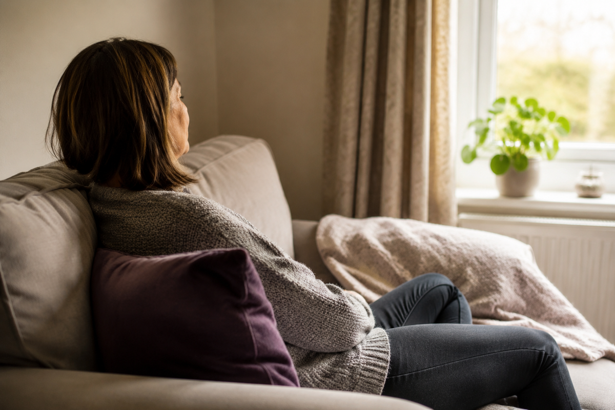 Woman relaxing at home during a 60-minute distance Reiki session