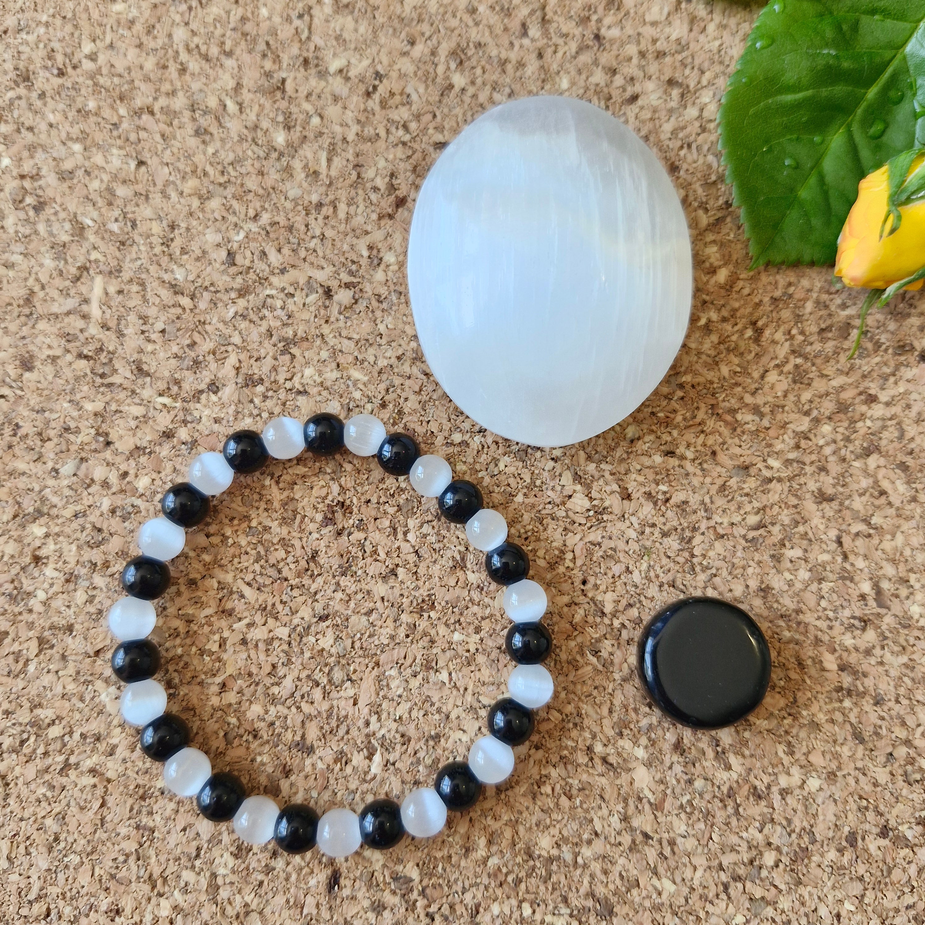 selenite and black obsidian items