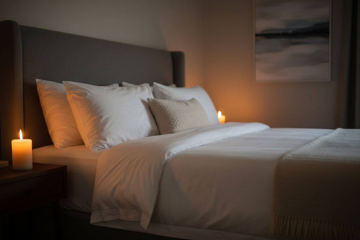 a cosy bed in a candle lit room
