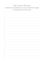 A printable worksheet titled 'My Current Worries' with a short motivational paragraph at the top and multiple lined checkboxes below for writing down worries.