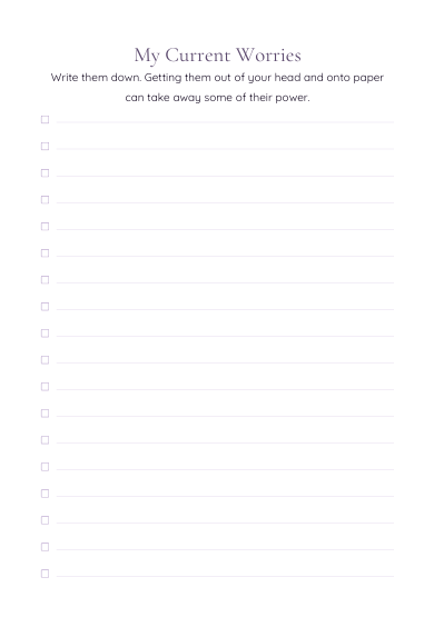 A printable worksheet titled 'My Current Worries' with a short motivational paragraph at the top and multiple lined checkboxes below for writing down worries.