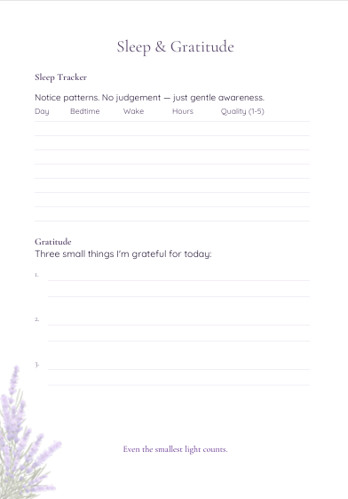 A sleep and gratitude journal page with a clean white background. The top header reads 'Sleep & Gratitude' in a faint gray font.