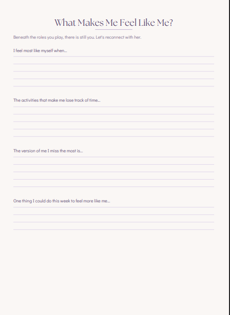 A lined reflection journal page with the title 'What Makes Me Feel Like Me?' at the top and several horizontal writing lines for prompts.