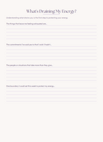 A printable worksheet titled 'What's Draining My Energy?' with introductory text and several lined writing sections on a light cream background.