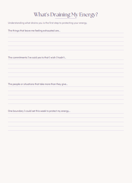 A printable worksheet titled 'What's Draining My Energy?' with introductory text and several lined writing sections on a light cream background.