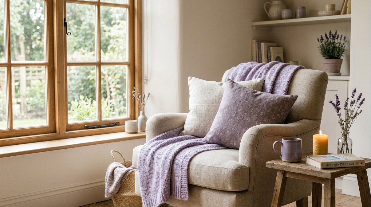 Calm cosy space with soft light and lavender tones for relaxation and wellbeing