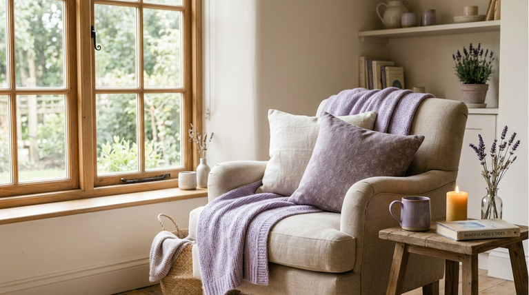 Calm cosy space with soft light and lavender tones for relaxation and wellbeing