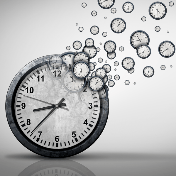 Abstract design with a large clock and smaller clocks floating around it on a light gray background