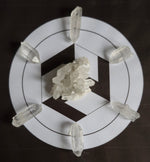 Distance Reiki crystal grid with clear quartz points and central cluster on Antahkarana symbol, used for remote energy healing sessions.

